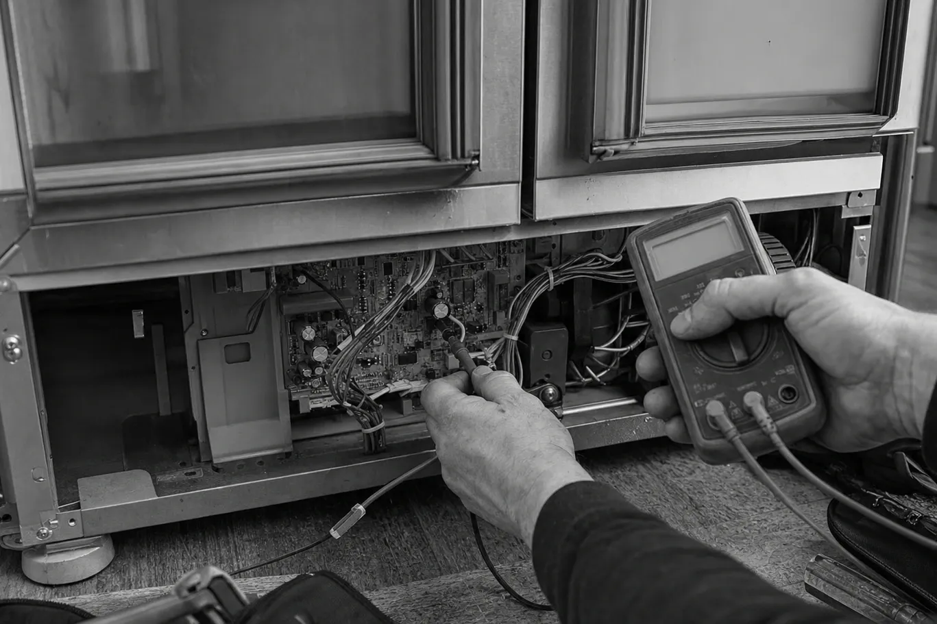 Black-and-white view of the lower panel removed from a glass-fronted built-in cabinet, a probe held against the exposed control board and a multimeter in the other hand