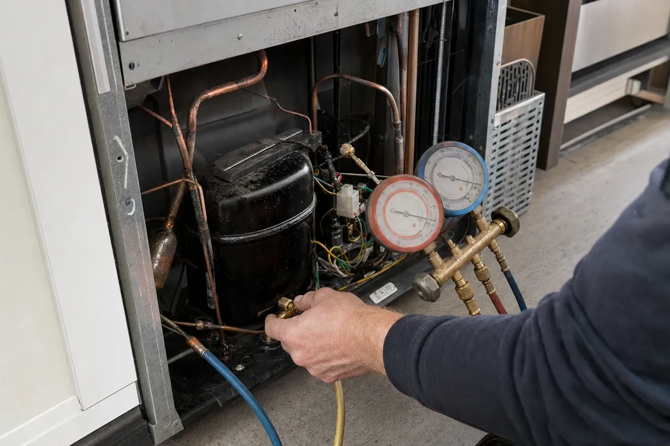 A hand fitting a manifold hose to the service valve at the open compressor bay of a built-in cabinet, red and blue gauges on the manifold in shot